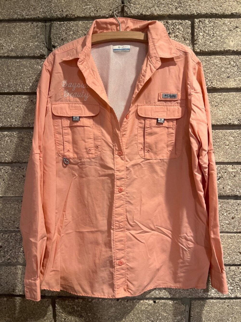 Columbia PFG Womens Long Sleeve Coral Fishing Shirt L Embroidered Bayside Beauty